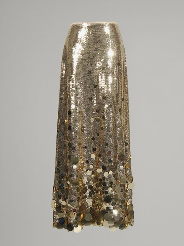 Jupe brillante coupe trapèze, taille haute, à sequins
