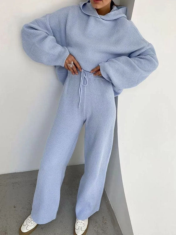 Ensemble deux pièces ample à col rond, à capuche, à manches longues, à cordon de serrage, couleur unie – pull + haut + pantalon
