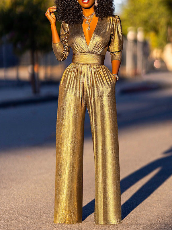Bas brillant taille haute, à manches trois-quarts, à décolleté en V profond, couleur unie