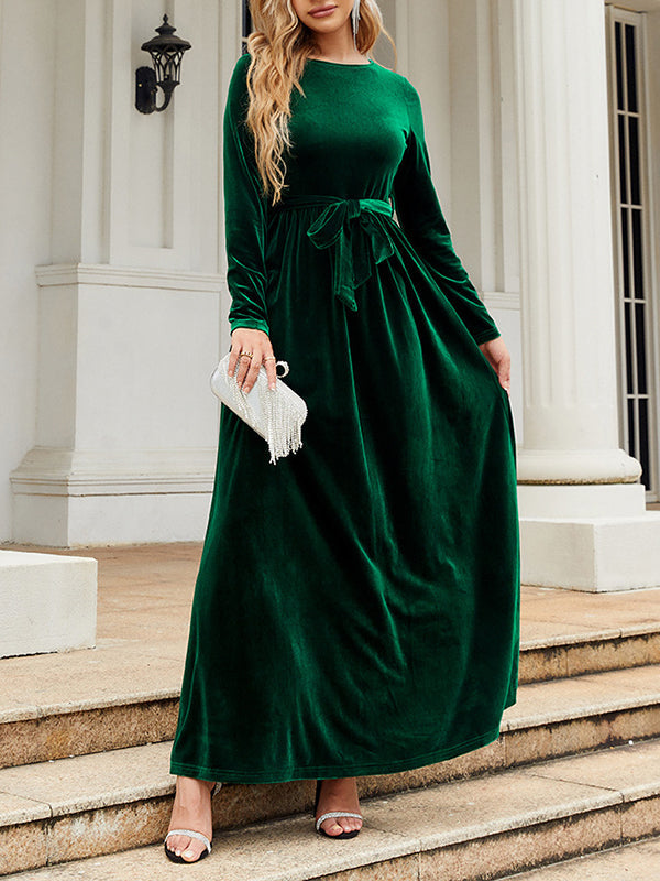 Robe longue plissée à manches longues, coupe portefeuille, avec ceinture, à fermeture éclair, à col rond, couleur unie