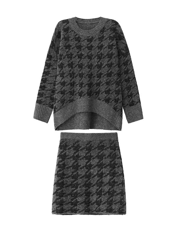 Côtes fendues de couleur contrastée, ceinture d'hirondelle brillante/pied-de-poule, pull à col rond + jupe trapèze à taille élastiquée, bas, ensemble deux pièces