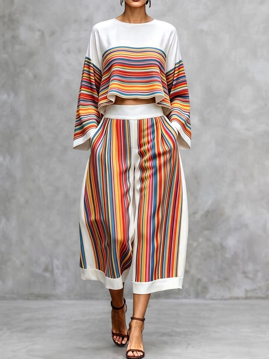 Pantalon court rayé multicolore ample à poches, à jambes larges