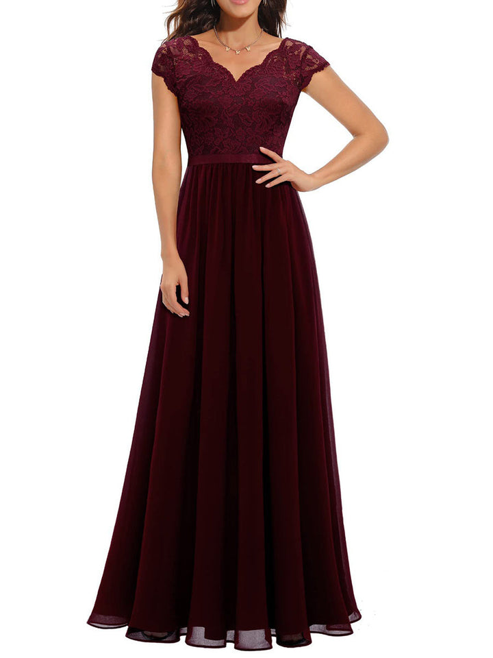 Robe longue plissée transparente coupe trapèze, taille haute, à empiècements, à col en V, couleur unie