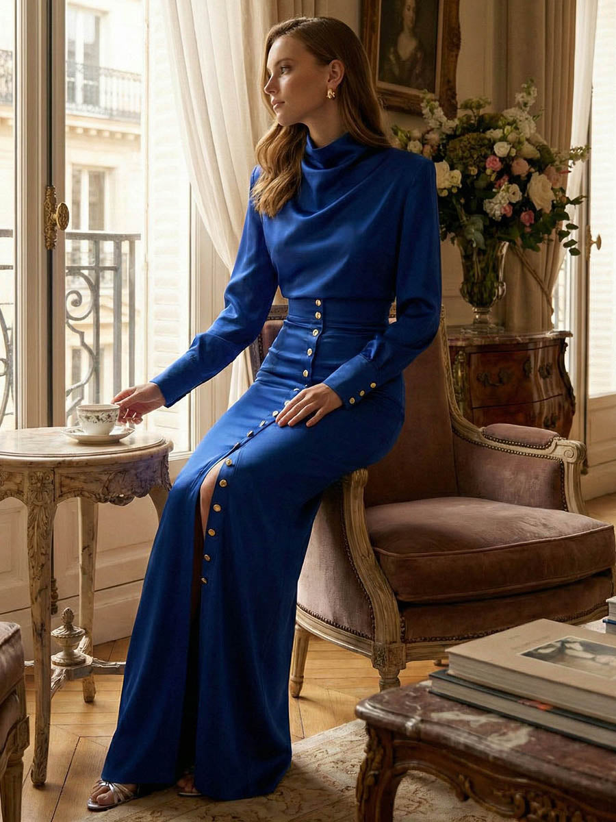 Ensemble deux pièces plissé asymétrique boutonné fendu sur le côté à empiècements, à col bénitier, à manches longues, à taille élastique, à fermeture éclair, couleur contrastée – chemisier + jupe