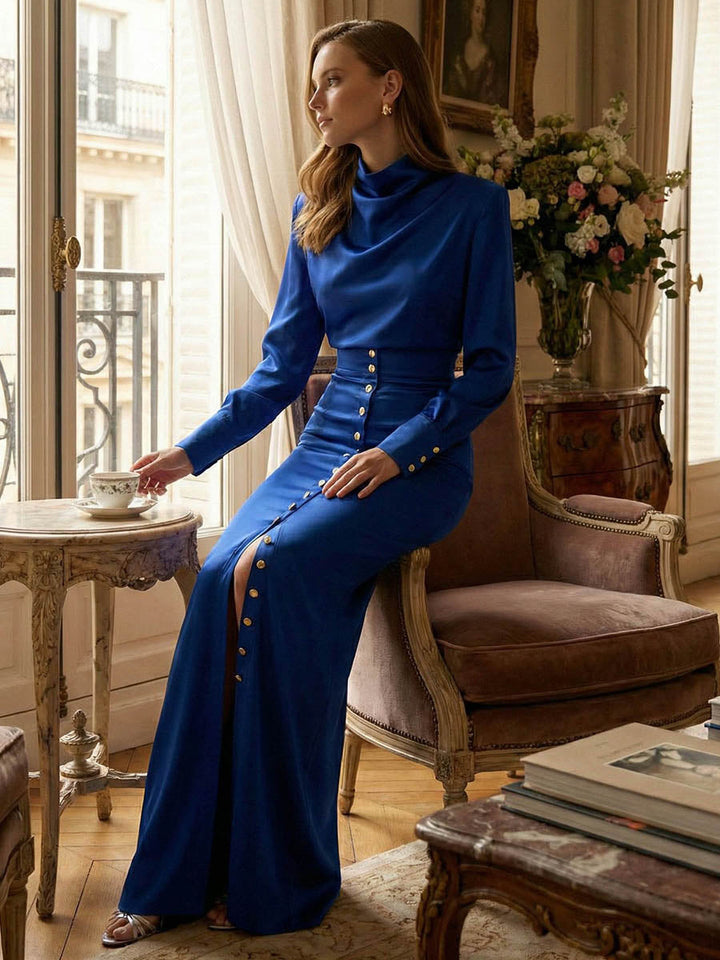 Ensemble deux pièces plissé asymétrique boutonné fendu sur le côté à empiècements, à col bénitier, à manches longues, à taille élastique, à fermeture éclair, couleur contrastée – chemisier + jupe