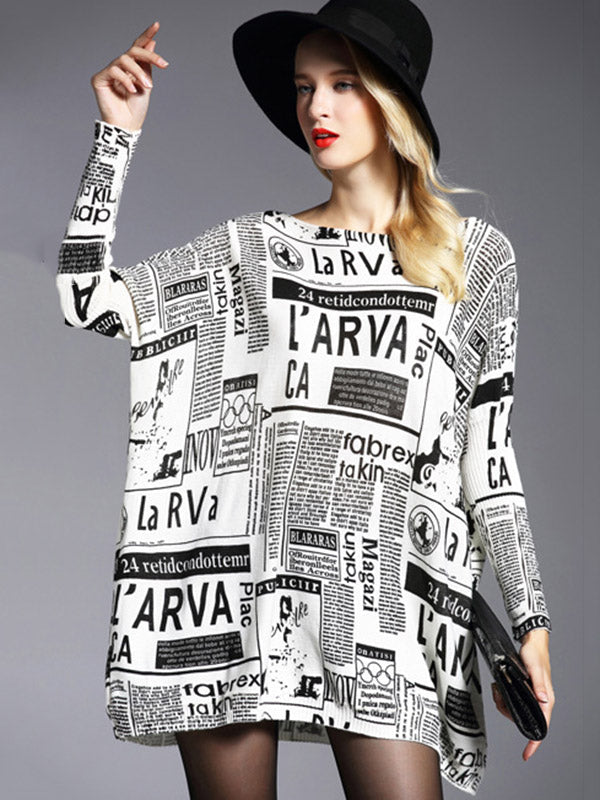 Pull vintage ample à une épaule imprimé journal à empiècements