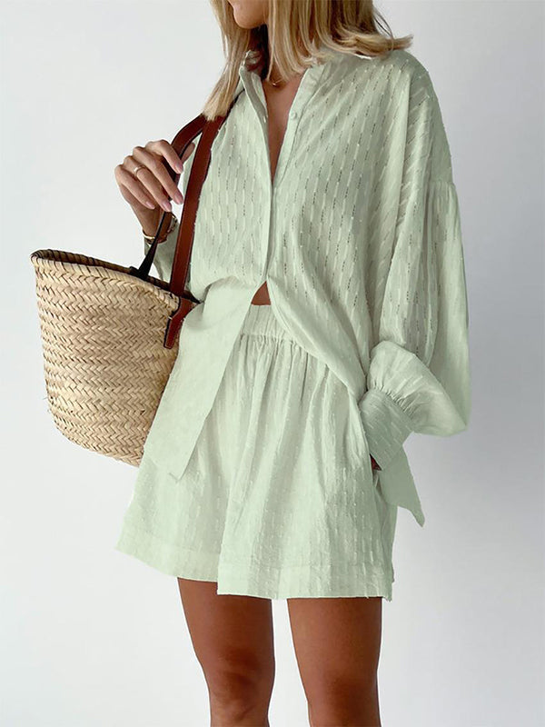 Ensemble deux pièces boutonné à ourlet plongeant, à manches longues, en jacquard, à col revers, couleur unie – chemise + haut + short