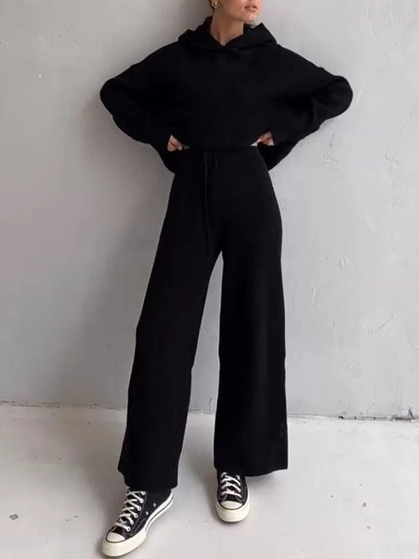 Ensemble deux pièces ample à col rond, à capuche, à manches longues, à cordon de serrage, couleur unie – pull + haut + pantalon