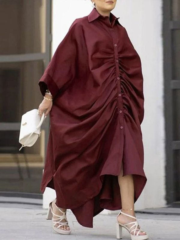Robe chemise ample boutonnée plissée à manches longues, à col revers, couleur unie