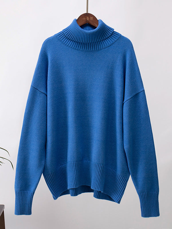 Pull en maille ample à manches longues, à col haut, couleur unie