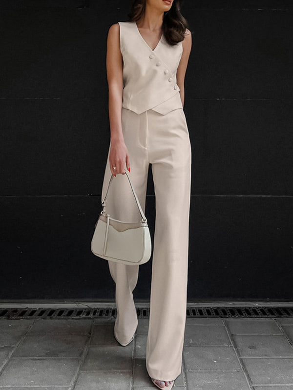 Couleur unie sans manches asymétrique fendue col en v gilet hauts + pantalon droit costumes deux pièces ensemble