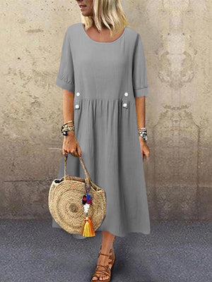 Robe mi-longue ample boutonnée plissée coupe trapèze, à col rond