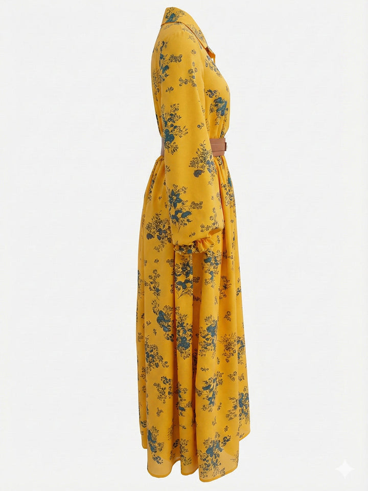Robe chemise boutonnée plissée coupe trapèze, à taille élastique, avec ceinture, à imprimé floral, à empiècements, à col revers, couleur contrastée