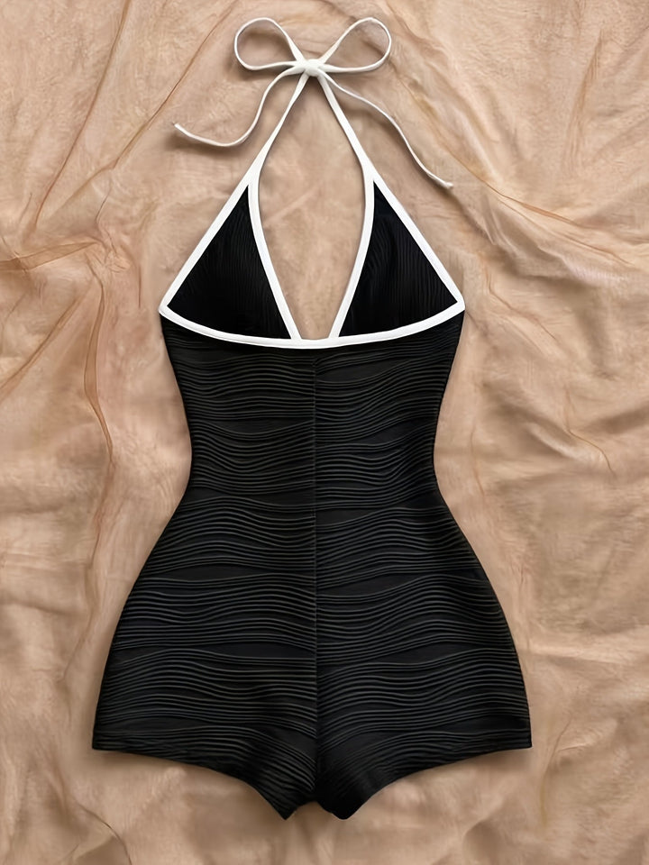 Maillot de bain femme avec décolleté halter et motif ondulé – Style vintage élégant pour la plage et la piscine
