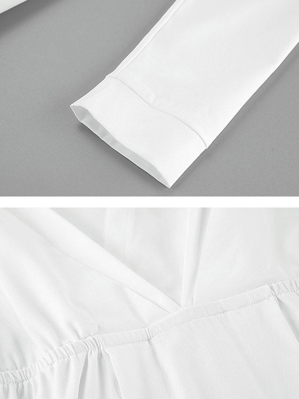 Robe chemise ample plissée à manches longues, à empiècements, à taille nouée, à col en V, couleur unie