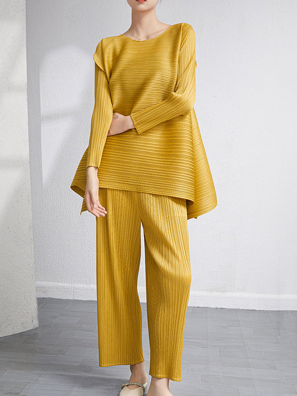 Ensemble deux pièces ample plissé à ourlet plongeant, à col rond, couleur unie – t-shirt + pantalon