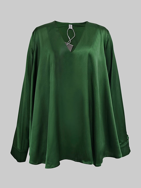 Chemise à col en V, à manches longues, couleur unie