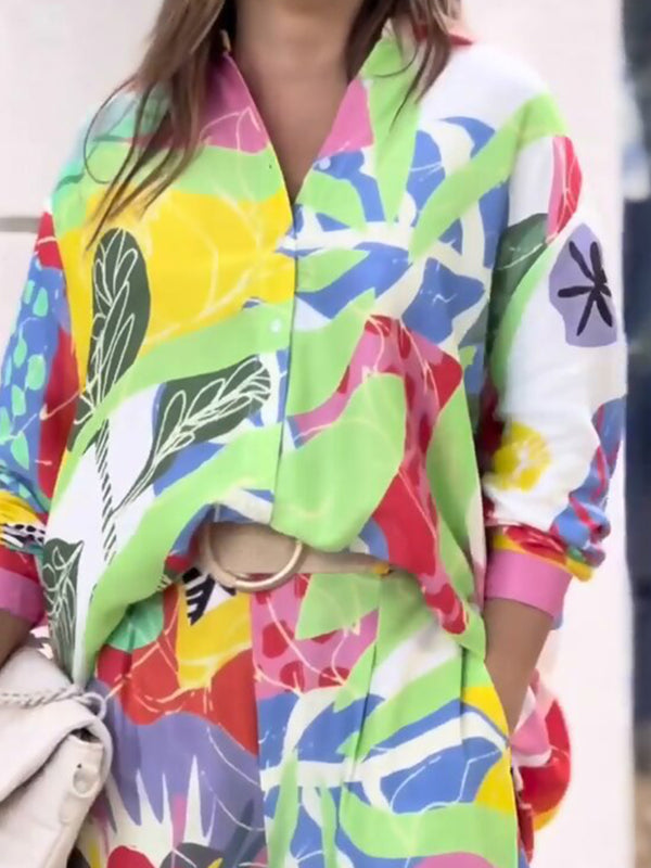 Ensemble deux pièces imprimé boutonné à manches longues, à col revers, taille haute, couleur contrastée – chemisier + pantalon