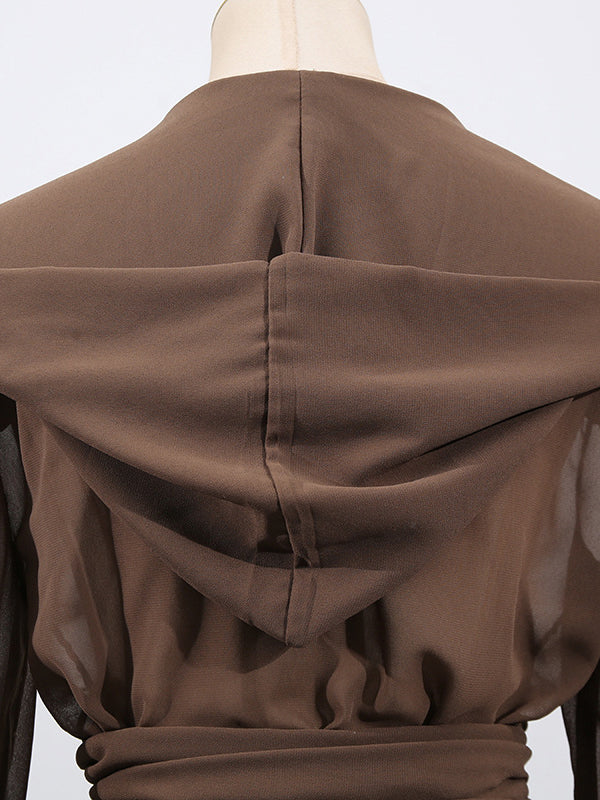 Chemisier ample plissé transparent à manches longues, à taille nouée, à capuche, couleur unie