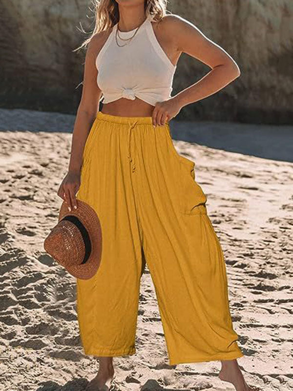 Pantalon ample plissé taille haute, à cordon de serrage, à taille élastique, à poches, couleur unie