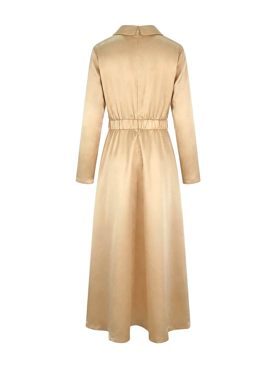 Robe longue plissée coupe trapèze, taille haute, à col en V, couleur unie