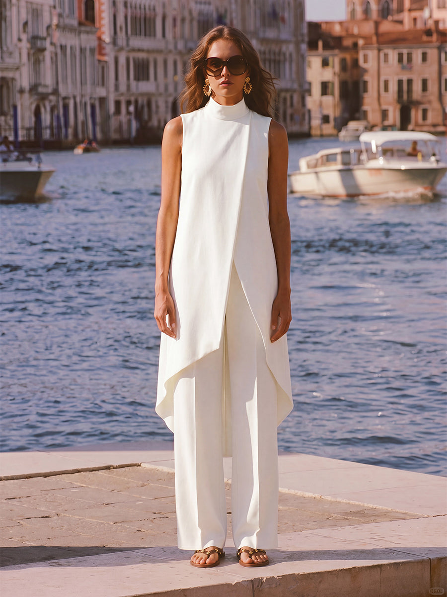 Ensemble deux pièces à col cheminée, à ourlet plongeant, taille haute, couleur unie – chemisier + pantalon