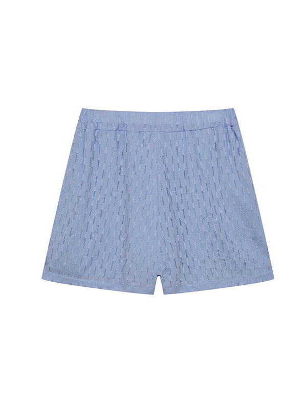Ensemble deux pièces boutonné à ourlet plongeant, à manches longues, en jacquard, à col revers, couleur unie – chemise + haut + short