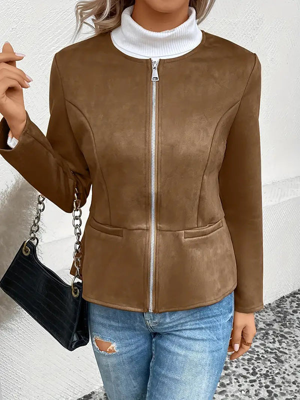 Veste ample à manches longues, à poches, à empiècements, à fermeture éclair, à col rond, couleur unie