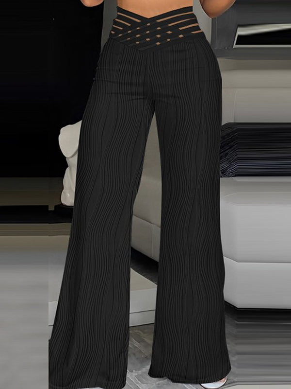Pantalon ample ajouré plissé à jambes larges, à taille élastique, couleur unie