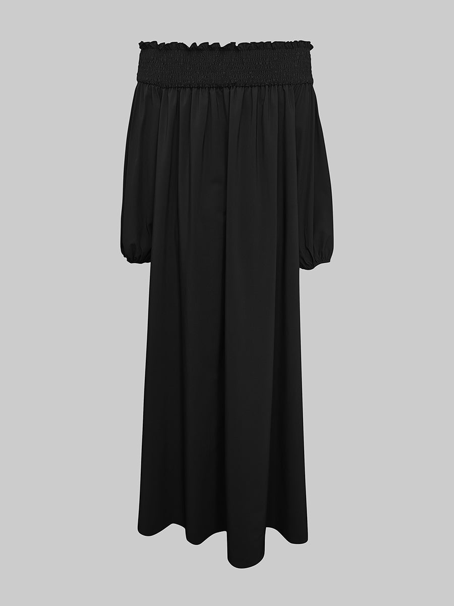 Robe longue ample plissée à manches bouffantes, à taille élastique, à épaules dénudées, couleur unie