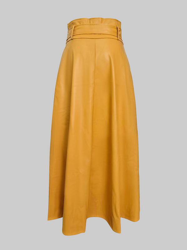 Jupe coupe trapèze, taille haute, avec ceinture, à poches, à fermeture éclair, couleur unie