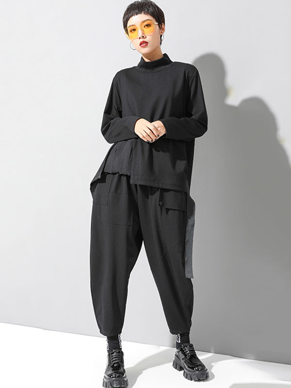 Sarouel élégant noir asymétrique à taille élastique