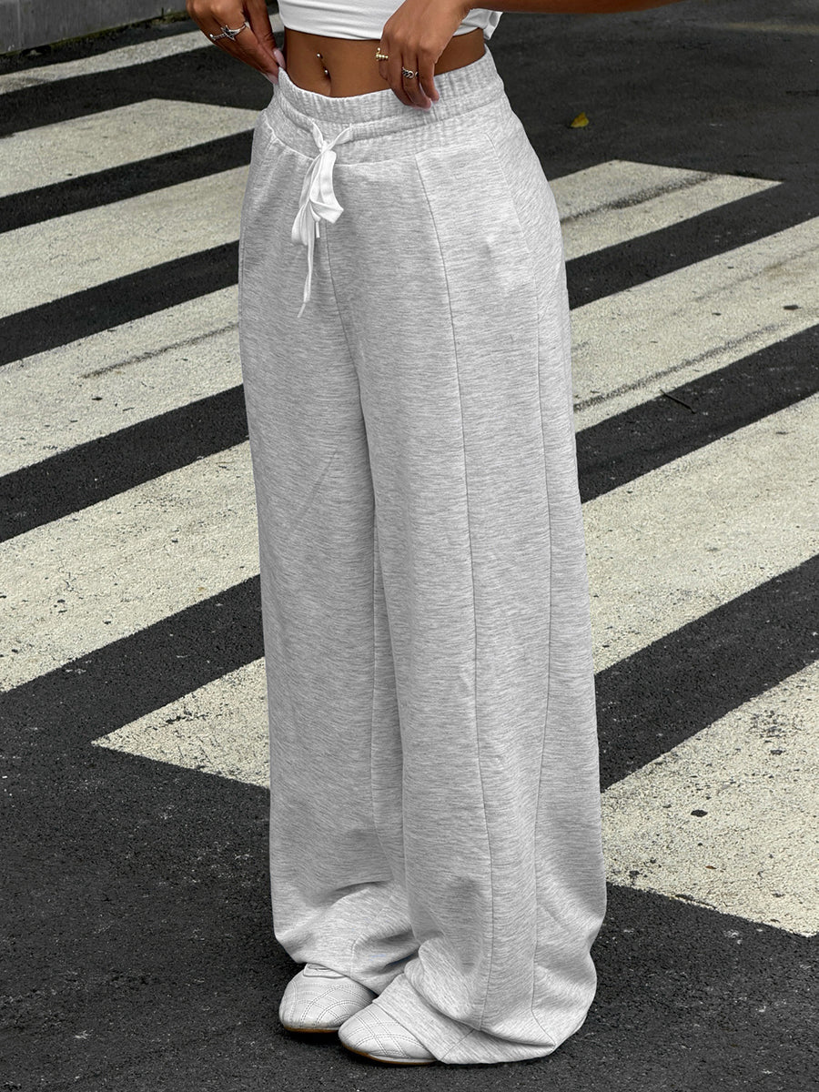 Pantalon à taille élastique, à cordon de serrage, à jambes larges, taille haute, couleur unie