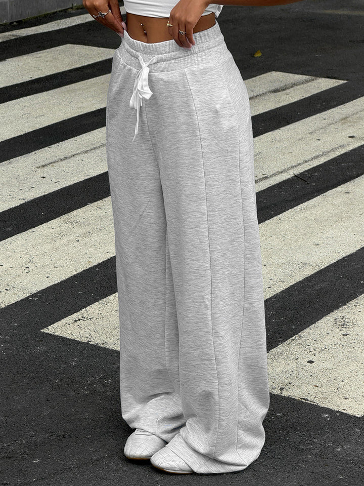 Pantalon à taille élastique, à cordon de serrage, à jambes larges, taille haute, couleur unie