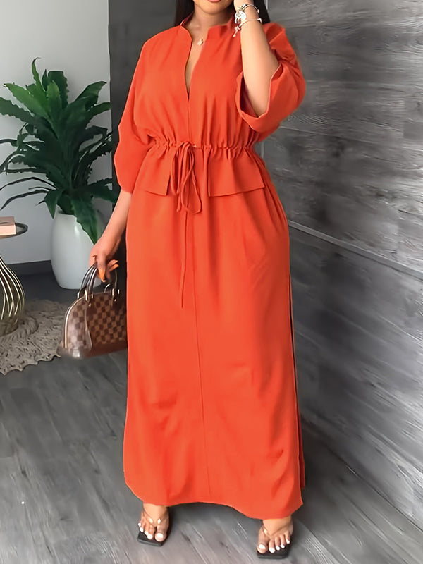 Robe longue ample fendue sur le côté à cordon de serrage, à col en V, couleur unie