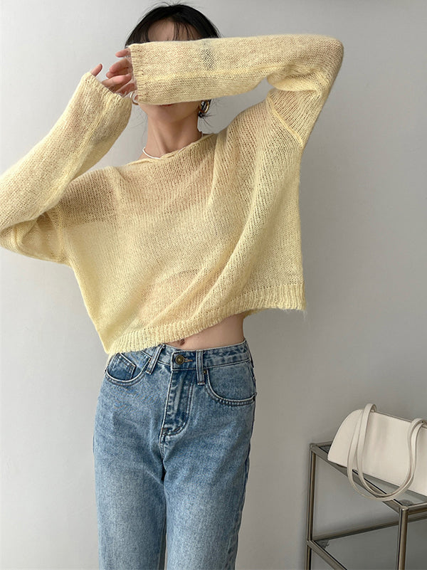Pull fin tricoté en Mohair doux, manches longues, couleur unie, hauts fins