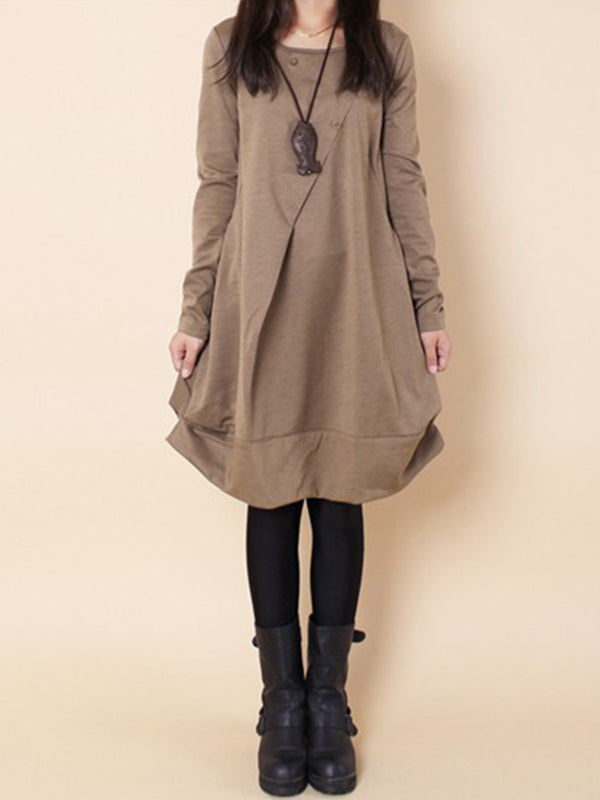 Robe longue plissée coupe trapèze, à manches longues, à col rond, couleur unie