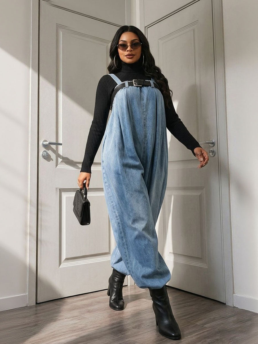 Salopette à taille élastique, avec ceinture, à jambes larges, sans manches, à fines bretelles, couleur unie