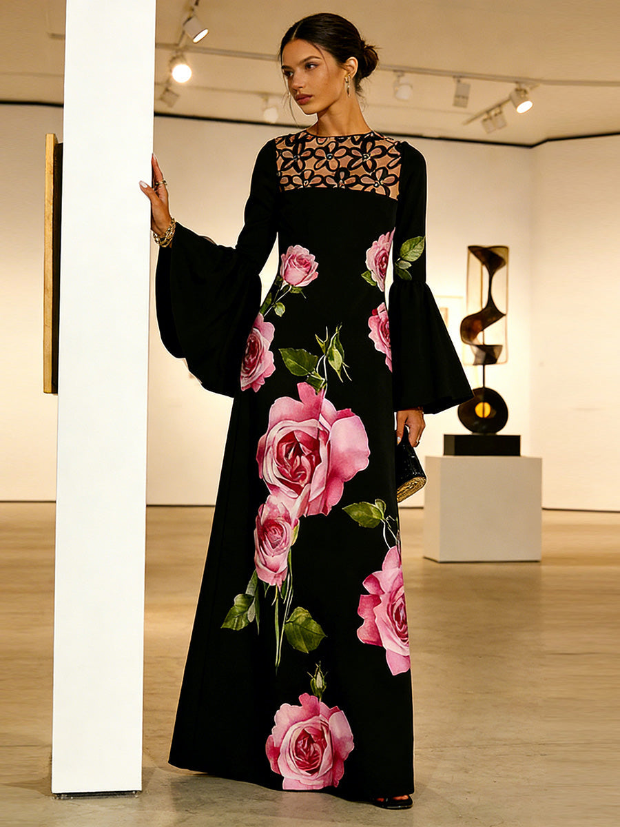 Robe longue ajourée à manches évasées, à manches longues, à imprimé floral, à empiècements, à col rond, couleur contrastée