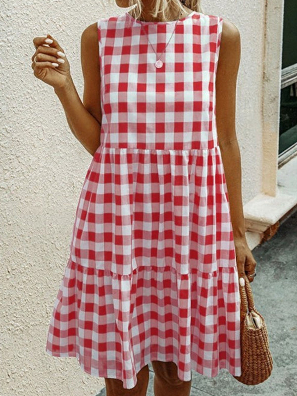 Robe courte ample ajourée plissée sans manches, à carreaux, à empiècements, à col rond
