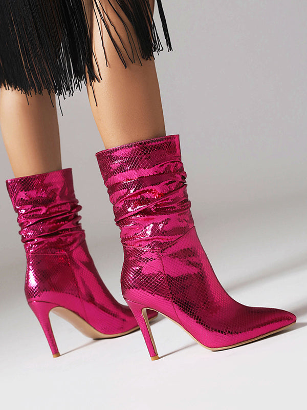 Escarpins à bottes à empiècements de couleur unie imprimé peau de serpent plissé