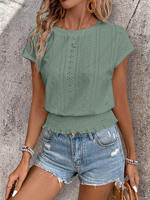 T-shirt ample ajouré à manches raglan, à taille élastique, en jacquard, à col rond, couleur unie