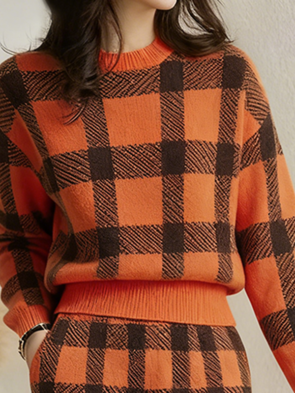 Pull à manches longues, à carreaux, à col cheminée, couleur contrastée