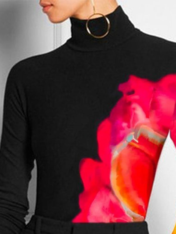 T-shirt imprimé à manches longues, coupe près du corps, à col haut, couleur contrastée