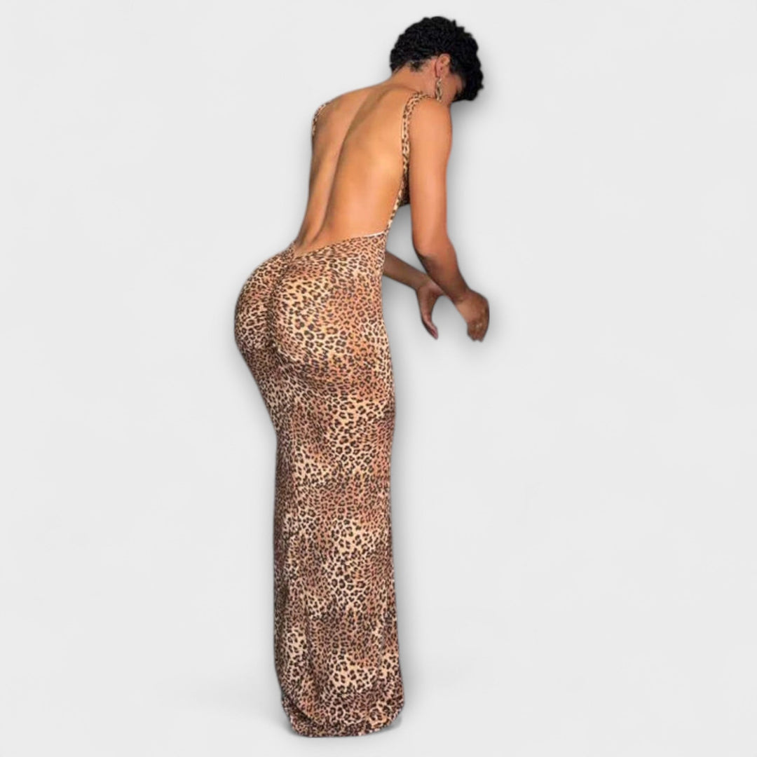 Della - Robe maxi à imprimé léopard avec décolleté au dos