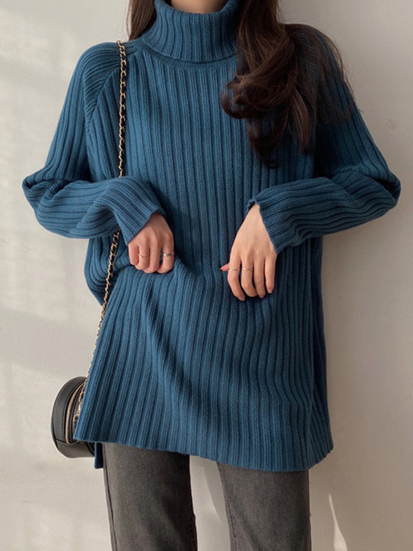 Pull décontracté ample fendu sur le côté à manches longues, à col haut, couleur unie