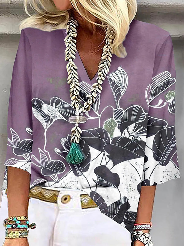 T-shirt ample grande taille, à imprimé floral, à manches trois-quarts, à col en V