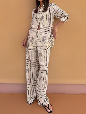 Ensemble deux pièces ample géométrique imprimé boutonné à empiècements, à manches longues, à col revers, couleur contrastée – chemisier + pantalon