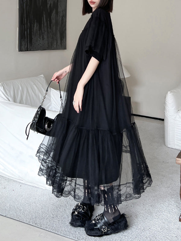 Fausses robes mi-longues en gaze ample plissées en deux pièces, couleur unie, à empiècements, à plusieurs niveaux, col rond