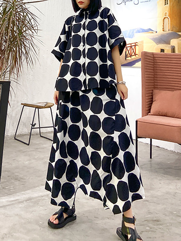 Ensemble deux pièces boutonné à manches chauve-souris, à pois, à col rond, à taille élastique, à poches – chemise + haut + sarouel + pantalon